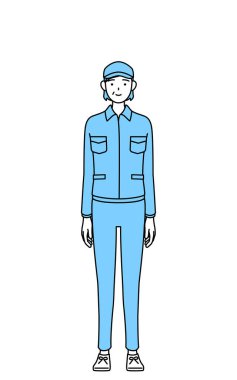 Şapkalı ve iş elbiseli yaşlı bir kadın. Yüzü ileri dönük, Vektör İllüstrasyonu.