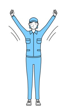 Şapka ve iş kıyafetleri içinde kıdemli kadın radyo jimnastiği yapıyor, kaza önleme hazırlığı, Vektör İllüzyonu