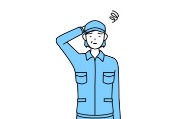 Şapkalı ve iş elbiseli yaşlı kadın sıkıntıdan başını kaşıyor, Vektör Illustration