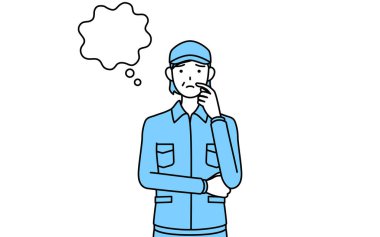 Şapkalı ve iş elbiseli yaşlı kadın yüzünü çizerken düşünüyor, Vektör Çizimi