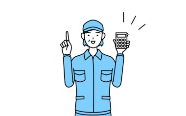 Şapkalı ve iş elbiseli yaşlı bir kadın elinde hesap makinesi ve işaret eden, Vektör İllüstrasyonu.