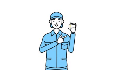 Şapkalı ve iş elbiseli yaşlı bir kadın kredi kartı ödemesini tavsiye ediyor, Vector Illustration