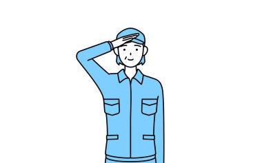 Şapkalı ve iş elbiseli yaşlı kadın selam veriyor, vektör illüstrasyonu