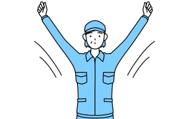 Şapka ve iş kıyafetleri içinde kıdemli kadın radyo jimnastiği yapıyor, kaza önleme hazırlığı, Vektör İllüzyonu