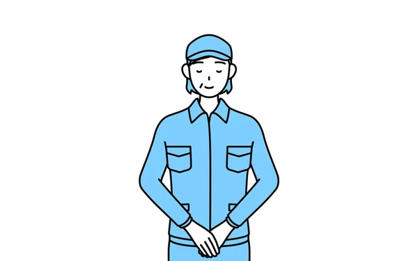 Seniorin Mit Hut Und Arbeitskleidung Verneigt Sich Mit Gefalteten Händen — Stockvektor