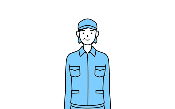 Seniorin Mit Hut Und Arbeitskleidung Mit Einem Lächeln Nach Vorne — Stockvektor