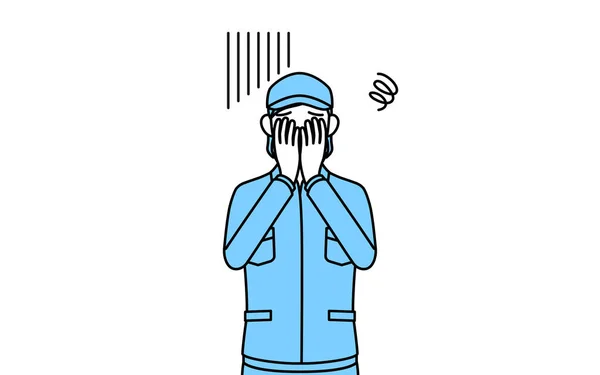 Senior Woman Hat Work Clothes Covering Her Face Depression Vector — Stockový vektor