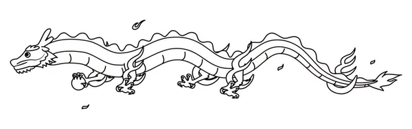 ドラゴン2024年のお正月グリーティングカード素材 横になって空を飛ぶ龍 黒と白の線画 ベクトルイラスト — ストックベクタ