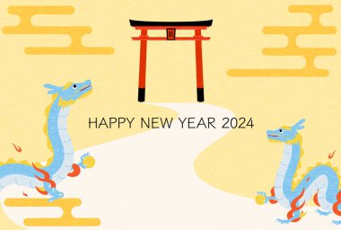2024 için şirin ejderha yeni yıl tebrik kartı, ejderha ilk kez bir tapınağın torii kapısına gidiyor, yeni yıl kartpostal materyali, Vektör İllüzyonu