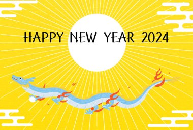 Şirin ejderha yılı 2024 Yeni Yıl tebrik kartı, ilk gün doğumu ve dans eden ejderha, Yeni Yıl kartpostalları, Vektör İllüstrasyonu