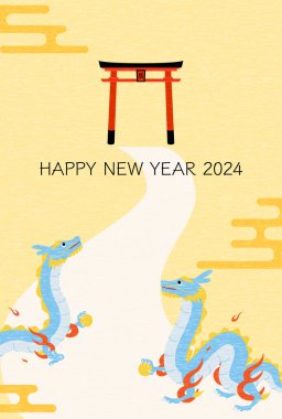 2024 yılı için şirin ejderha yeni yıl tebrik kartı, ejderha ilk defa bir tapınağın torii kapısına gidiyor. - Tercümesi: