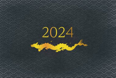 2024 yılının Japon desenli yeni yıl tebrik kartı, ejderhanın altın silueti ve 2024 yılı, mavi deniz dalgası, Japon desenli arka plan, yeni yıl kartpostalları, vektör ilüstrasyonu