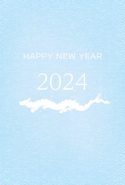 2024 yılı için Japon desenli yeni yıl tebrik kartı, beyaz ejderha silueti ve 2024 yılı, mavi deniz dalgası, Japon desenli arkaplan, yeni yıl kartpostalları.