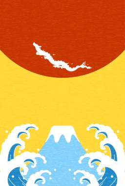 Ejderha 2024 yılı için yeni yıl tebrik kartı, ejderha, Fuji, ilk gün doğumu ve dalgalar, yeni yıl kartpostalları, Vektör İllüzyonu.