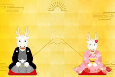 Japon stili yeni yıl kartı ejderha 2024 yılı için, Kimono ejderhası (yılan) ve vektör illüstrasyonu Fuji dağının arka planı.