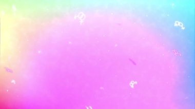 Gökkuşağı soyut arka planına ve erkek ve kadın sembollerine sahip parçacık döngüsü, alttan üste, 4k animasyon
