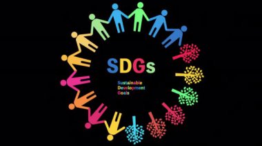 SDG logosunun döngü animasyonu, el ele tutuşan bir kişi ve birbiri yerine dönen bir ağaç.