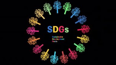 SDG logosunun döngü canlandırması ve SDG renklerinde dönen bir ağaç