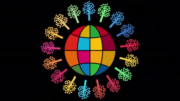 Loop Animation Περιστρεφόμενου Εικονιδίου Γης Χρώματος Sdg Και Χρωματισμένου Δέντρου — Αρχείο Βίντεο