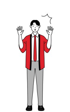 Kırmızı paltolu bir adam şaşkınlıkla elini kaldırıyor, Vector Illustration