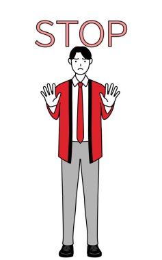 Kırmızı paltolu bir adam ellerini vücudunun önüne koyup, bir dur işareti veriyor, Vector Illustration