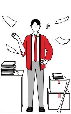 Düzensiz işinden bıkmış kırmızı paltolu bir adam, Vector Illustration