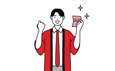 Vector Illustration adlı banka cüzdanını gördüğüne memnun olan kırmızı ceketli bir adam.