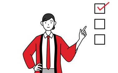 Kırmızı ceketli bir kadın kontrol listesine işaret ediyor, Vector Illustration