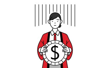 Kırmızı paltolu kadın döviz kurunun ya da dolar kaybının görüntüsü, Vector Illustration