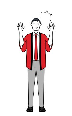 Kırmızı ceketli son sınıf öğrencisi elini kaldırıyor ve şaşırıyor, Vector Illustration