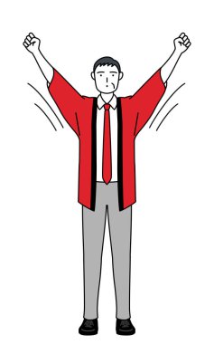 Kırmızı paltolu son sınıf öğrencisi radyo jimnastiği yapıyor, kaza önleme hazırlığı, Vektör İllüzyonu