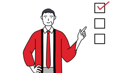 Kırmızı paltolu son sınıf öğrencisi bir listeyi işaret ediyor, Vector Illustration.