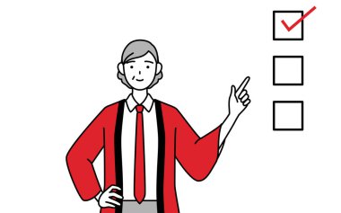 Kırmızı paltolu son sınıf öğrencisi bir kadın kontrol listesine işaret ediyor, Vector Illustration.