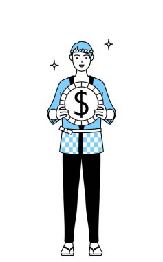 Yaz festivallerinde Happi ceketi giyen adam dış ticaret kazancı ve dolar takdiriyle Vector Illustration