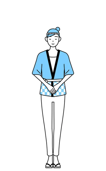 折り畳まれた手で弓をする夏の祭りのためのハピのコートを着ている女性 ベクターのイラスト — ストックベクタ