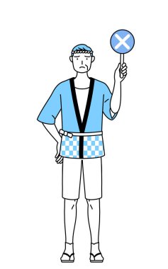Yaz festivallerinde Happi ceketi giyen son sınıf öğrencisi elinde X harfli bir pankartla Vector Illustration 'da yanlış cevap veriyor.