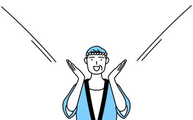 Yaz festivallerinde Happi ceketi giyen son sınıf öğrencisi elleri ağzında Vector Illustration diye bağırıyor.