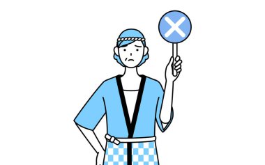 Yaz festivallerinde Happi ceketi giyen yaşlı bir kadın elinde X harfli bir pankart tutuyor. Yanlış cevap, Vector Illustration.