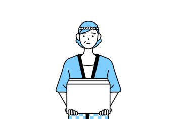 Yaz festivallerinde Happi ceketi giyen yaşlı bir kadın karton kutular taşımaya çalışıyor, Vector Illustration