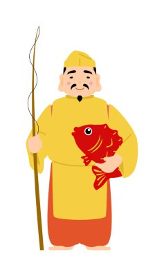 Yedi iyi şans tanrısı Ebisu 'nun şirin ve basit bir tasviri, Vektör Illustarion.