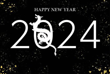 Ejderha 2024 yılının yeni yıl tebrik kartı, ejderha (yılan) silueti ve siyah arkaplan, yeni yıl kartpostal materyali, Vektör İllüzyonu