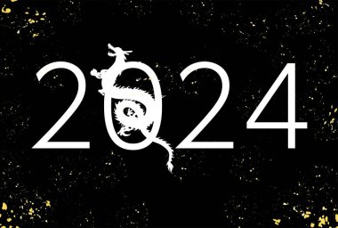 Ejderha 2024 yılının yeni yıl tebrik kartı, ejderha (yılan) silueti ve siyah arkaplan, yeni yıl kartpostal materyali, Vektör İllüzyonu