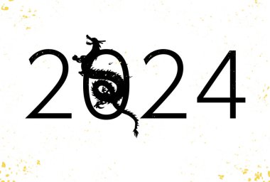 Ejderha 2024 yılının yeni yıl tebrik kartı, ejderha (yılan) silueti, yeni yıl kartpostal materyali, Vektör İllüstrasyonu