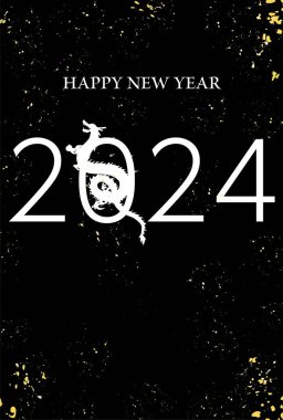 Ejderha 2024 yılının yeni yıl tebrik kartı, ejderha (yılan) silueti ve siyah arkaplan, yeni yıl kartpostal materyali, Vektör İllüzyonu