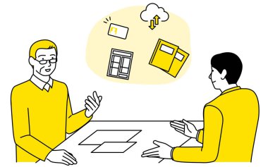 Üst düzey bir adam vergi beyannamesi hakkında bir vergi avukatına danışıyor, Vector Illustration.