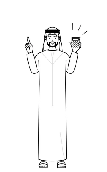 Muslimischer Mann Mit Taschenrechner Und Zeigefinger Vektorillustration — Stockvektor