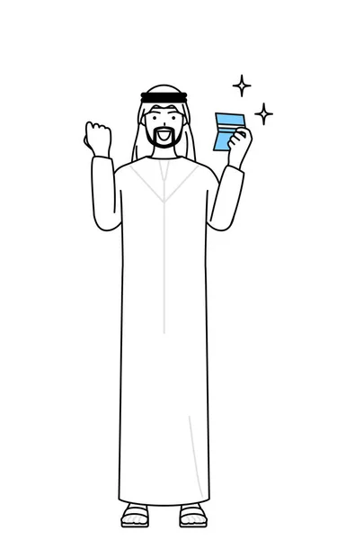 Muslimischer Mann Der Sich Über Ein Sparbuch Freut Vector Illustration — Stockvektor