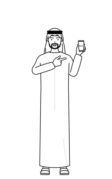 Moslim Man Beveelt Cashless Online Betalingen Een Smartphone Vector Illustration — Stockvector