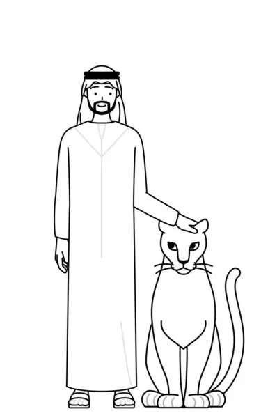 Muslimischer Mann Streichelt Eine Löwin Vector Illustration — Stockvektor