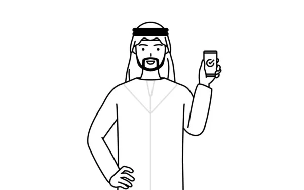 Muslim Man Usando Smartphone Trabajo Vector Illustration — Vector de stock